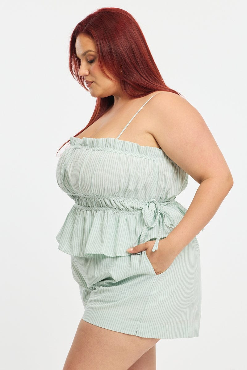 Green Stripe Cami Top Sleeveless Ruched Peplum for YouandAll Fashion