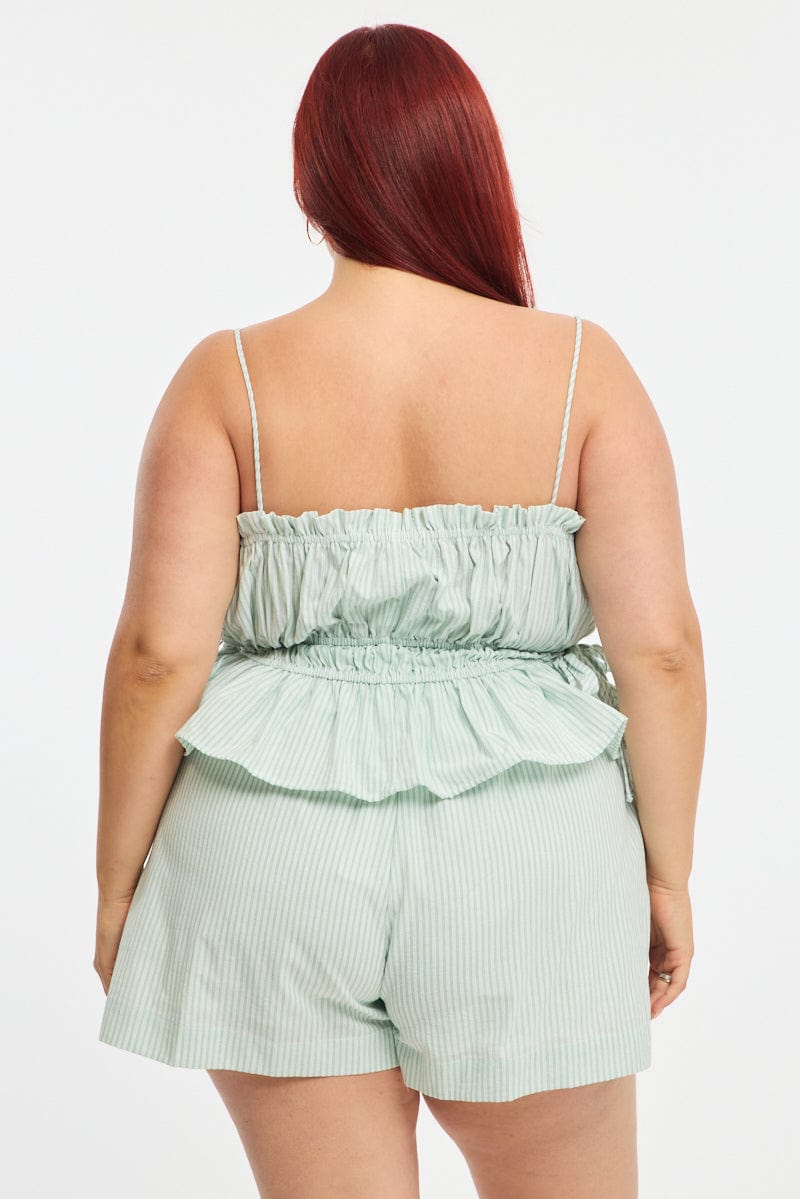 Green Stripe Cami Top Sleeveless Ruched Peplum for YouandAll Fashion