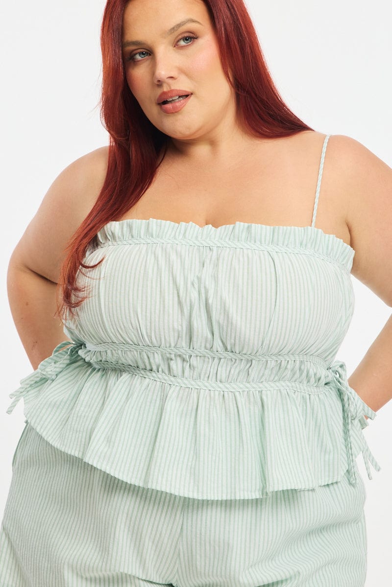 Green Stripe Cami Top Sleeveless Ruched Peplum for YouandAll Fashion