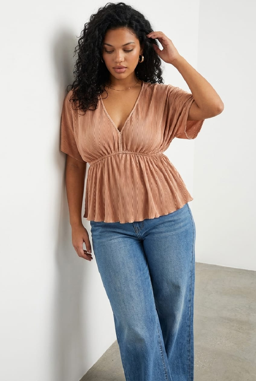 Beige Plisse Top Short Sleeve V-neck for YouandAll Fashion