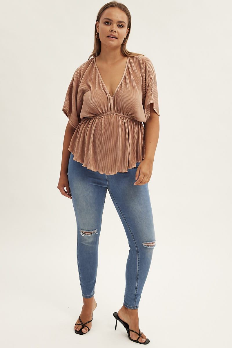 Beige Plisse Top Short Sleeve V-neck for YouandAll Fashion