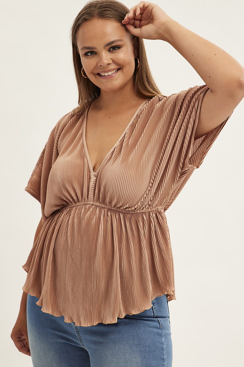 Beige Plisse Top Short Sleeve V-neck for YouandAll Fashion