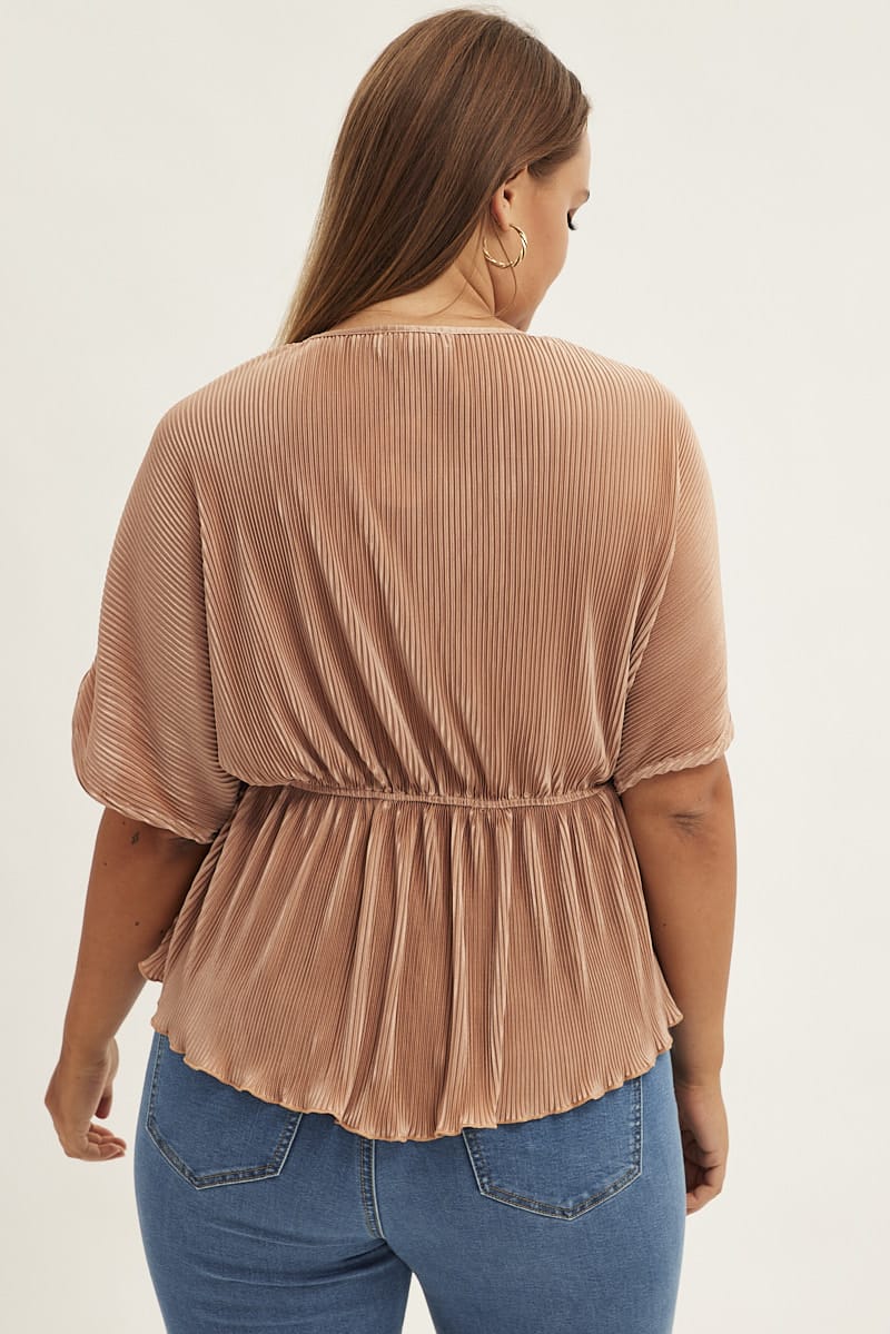 Beige Plisse Top Short Sleeve V-neck for YouandAll Fashion