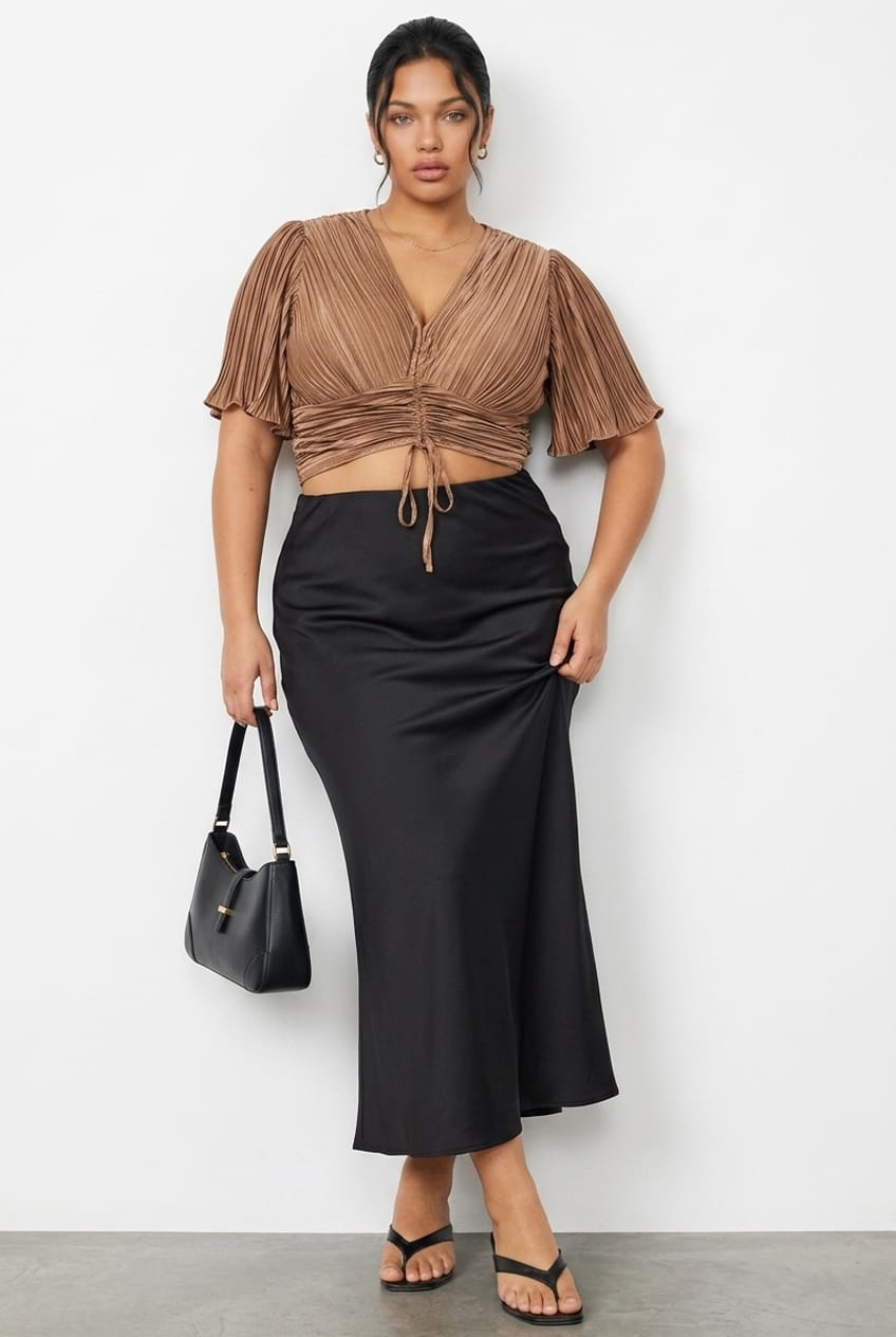Brown Crop Top Short Sleeve Ruched Front Plisse for YouandAll Fashion