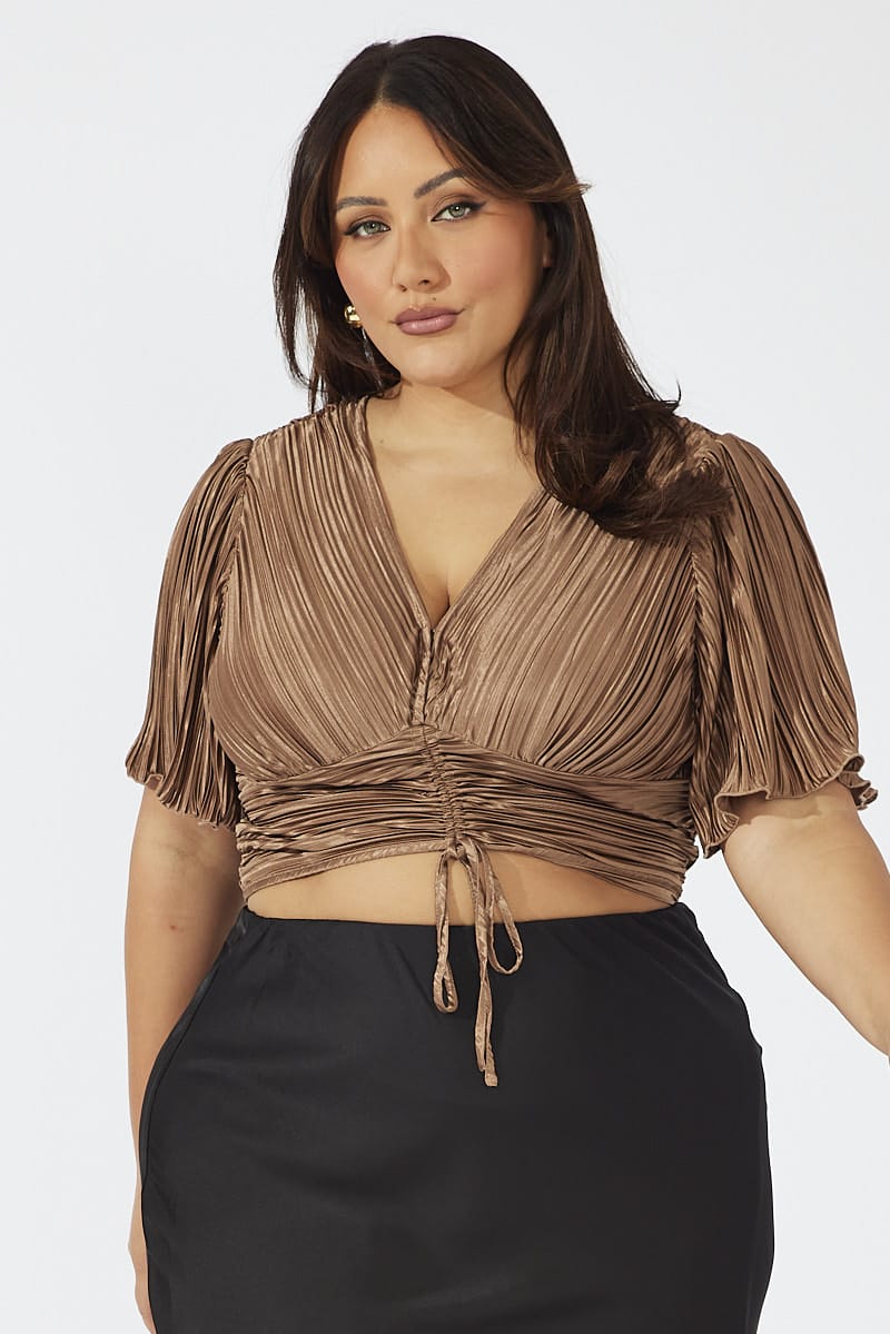 Brown Crop Top Short Sleeve Ruched Front Plisse for YouandAll Fashion