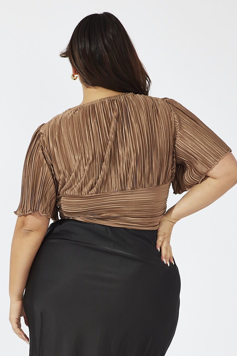 Brown Crop Top Short Sleeve Ruched Front Plisse for YouandAll Fashion