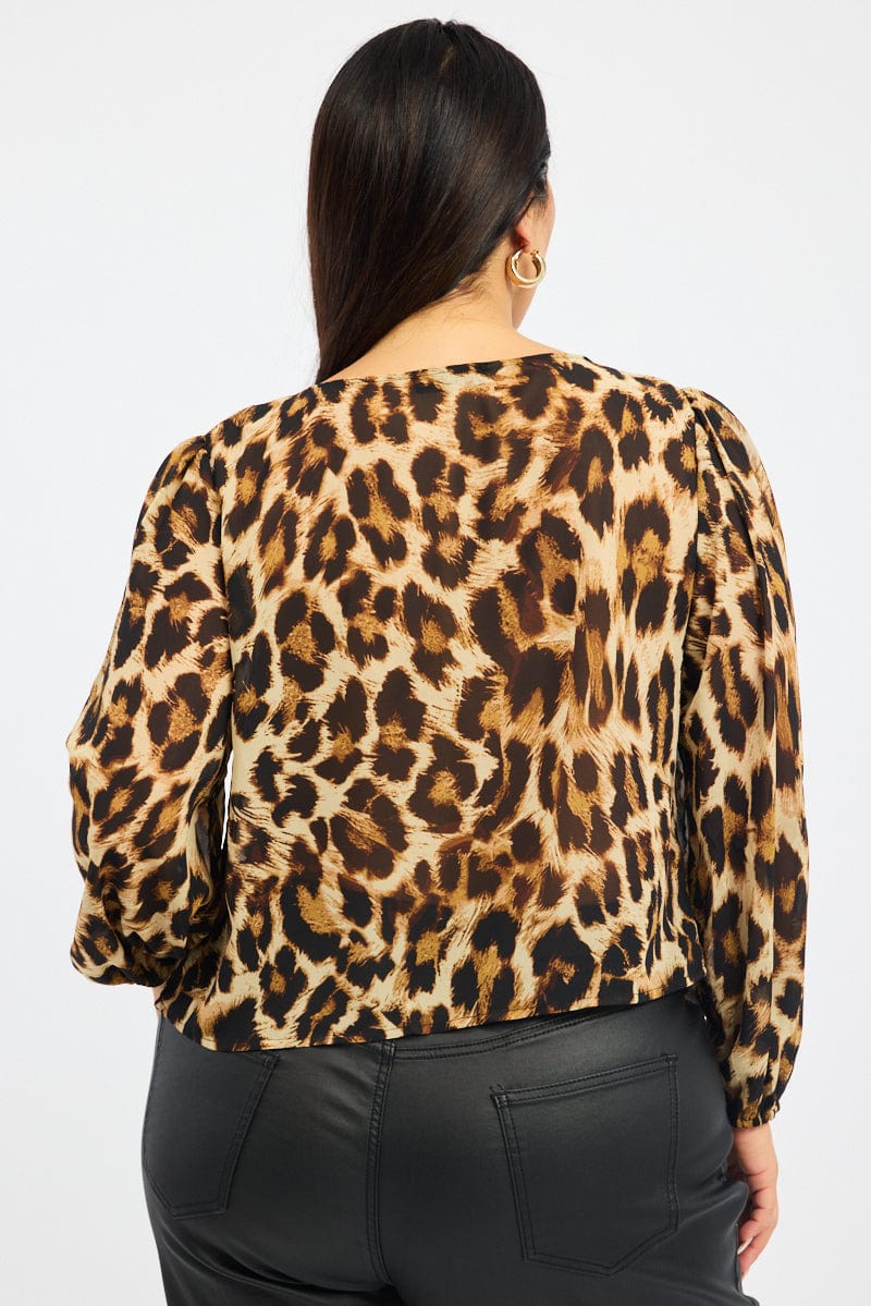Brown Animal Print Chiffon Top Long Sleeve Open Front for YouandAll Fashion