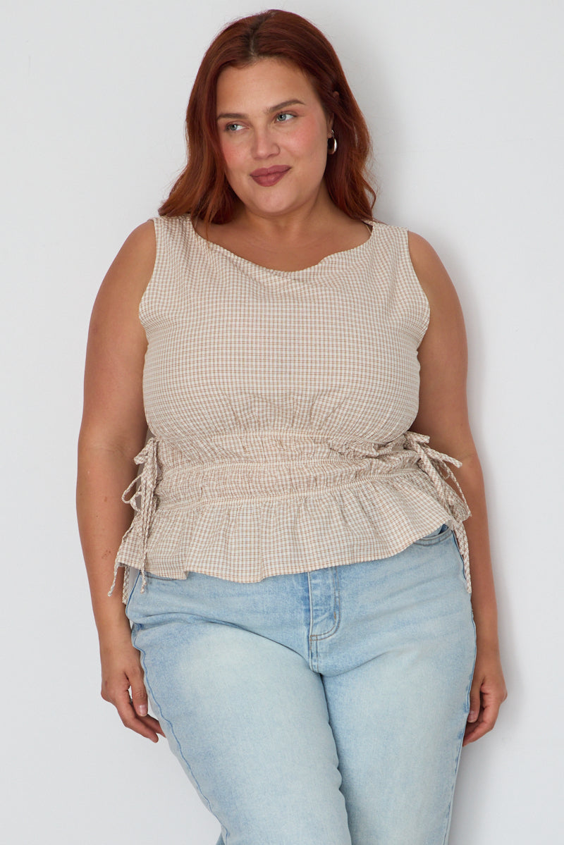 Beige Check Top Sleeveless Shirred Waist Side Tie for YouandAll Fashion
