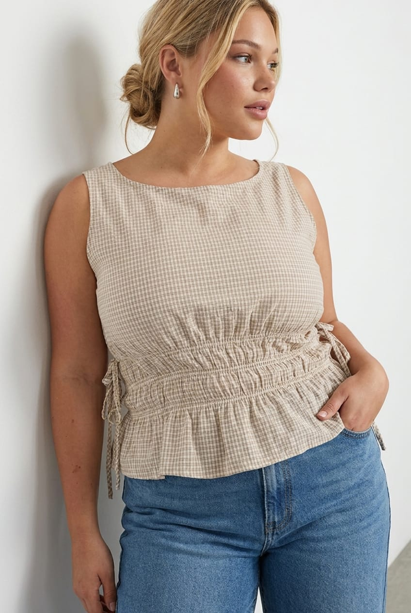 Beige Check Top Sleeveless Shirred Waist Side Tie for YouandAll Fashion