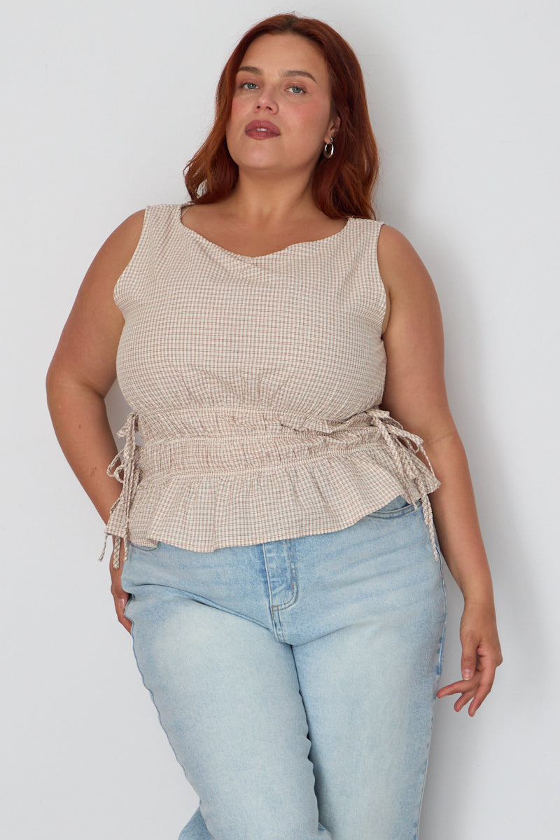 Beige Check Top Sleeveless Shirred Waist Side Tie for YouandAll Fashion
