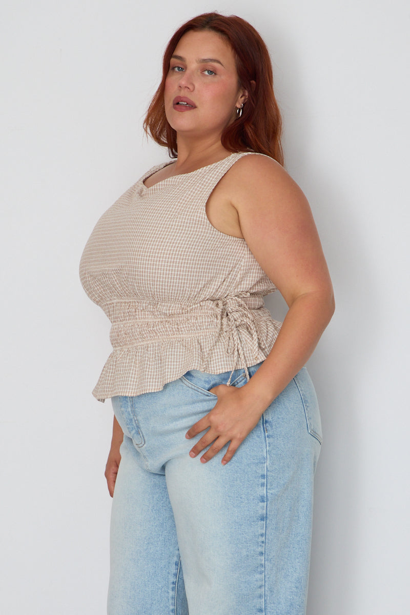 Beige Check Top Sleeveless Shirred Waist Side Tie for YouandAll Fashion