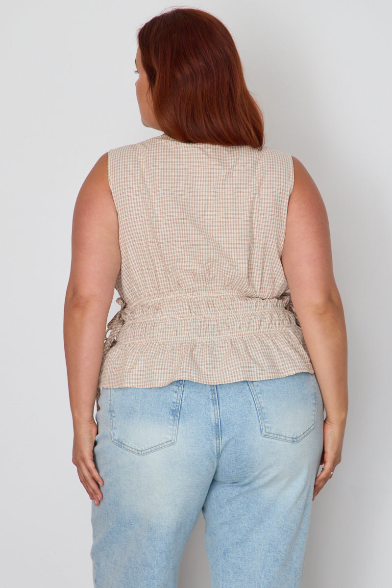 Beige Check Top Sleeveless Shirred Waist Side Tie for YouandAll Fashion