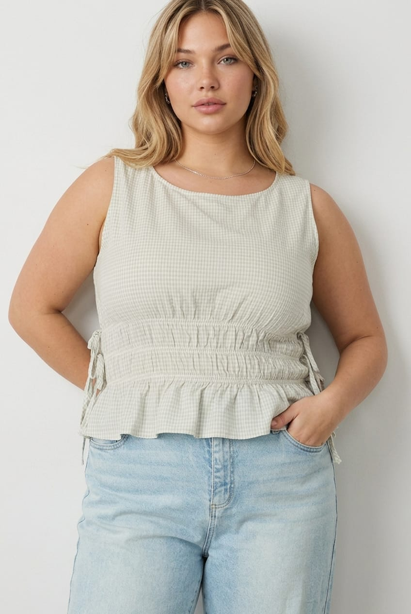Blue Check Top Sleeveless Shirred Waist Side Tie for YouandAll Fashion