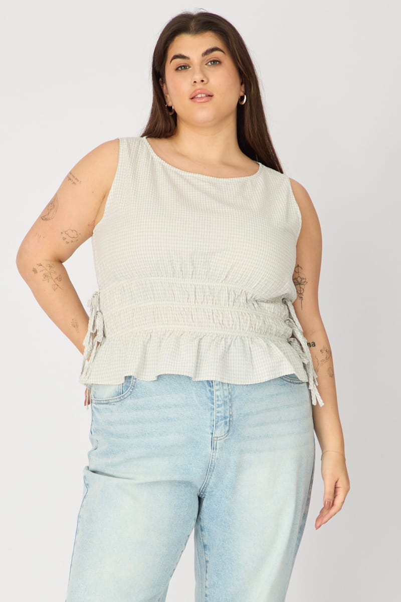 Blue Check Top Sleeveless Shirred Waist Side Tie for YouandAll Fashion
