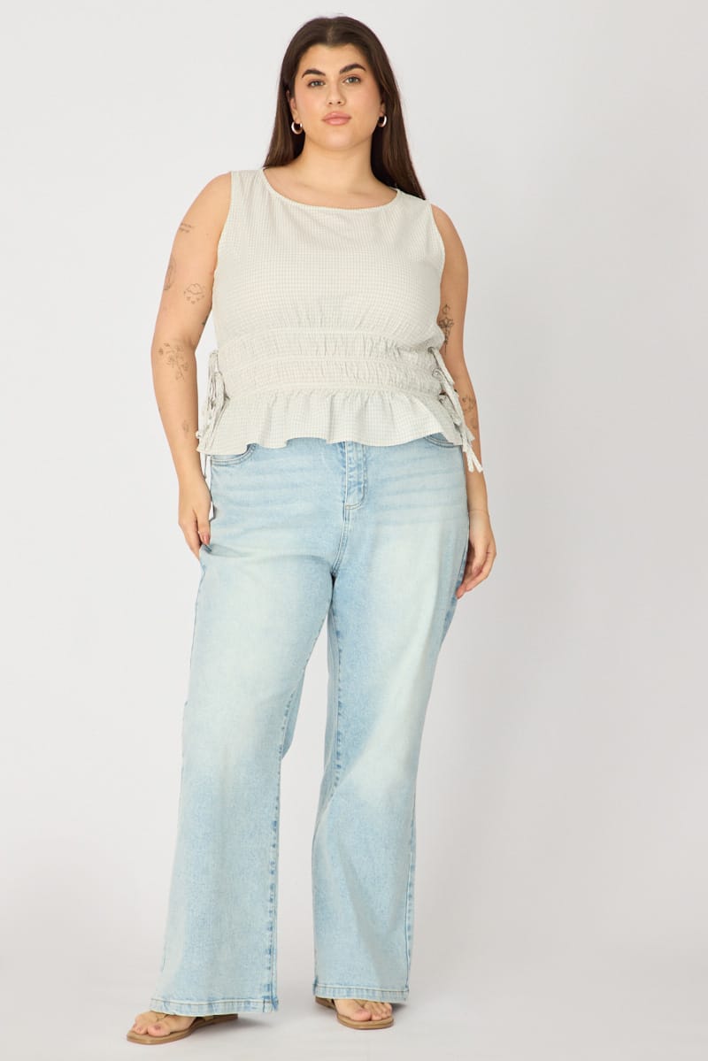 Blue Check Top Sleeveless Shirred Waist Side Tie for YouandAll Fashion