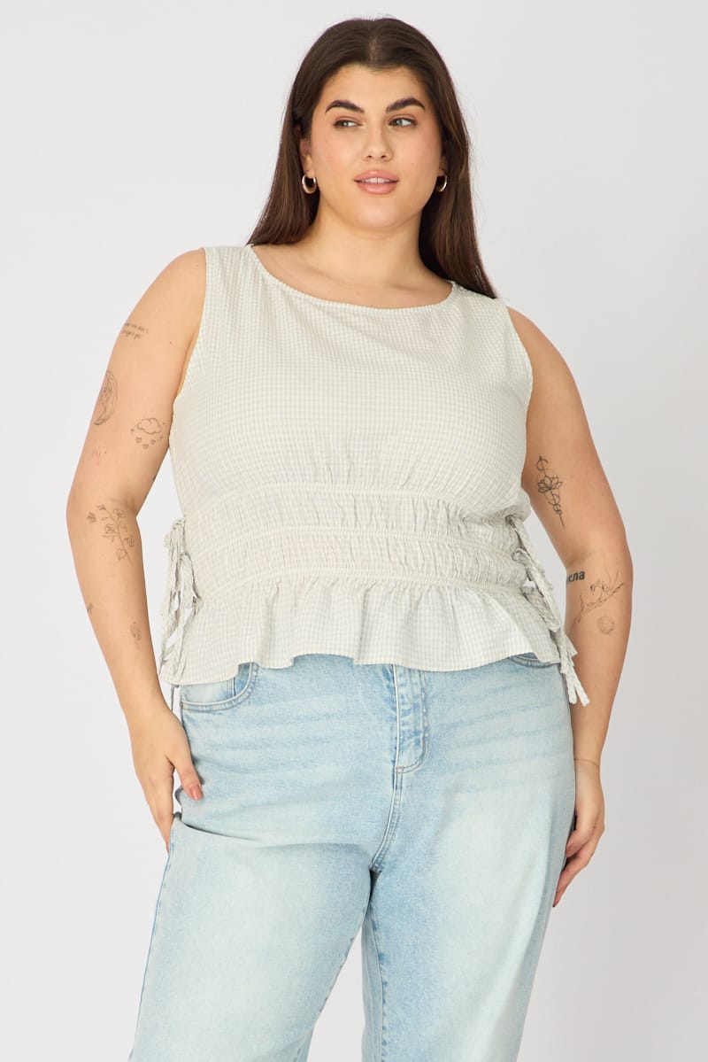 Blue Check Top Sleeveless Shirred Waist Side Tie for YouandAll Fashion