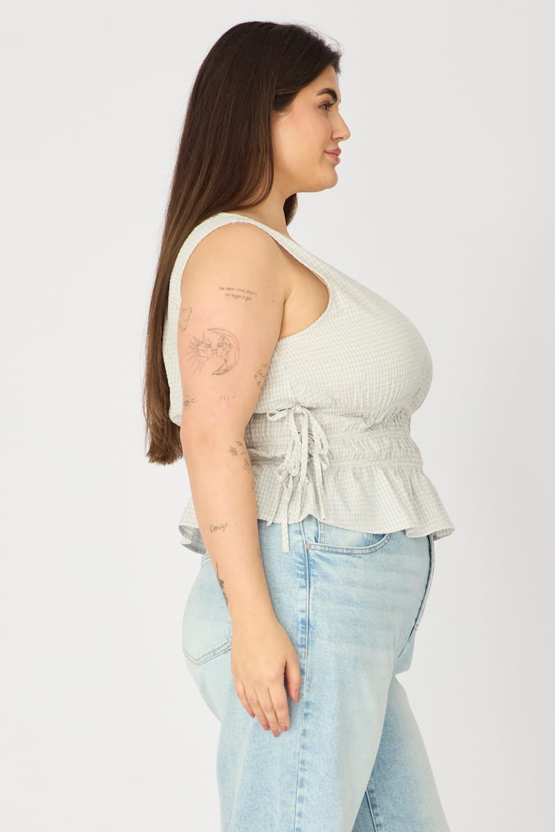 Blue Check Top Sleeveless Shirred Waist Side Tie for YouandAll Fashion