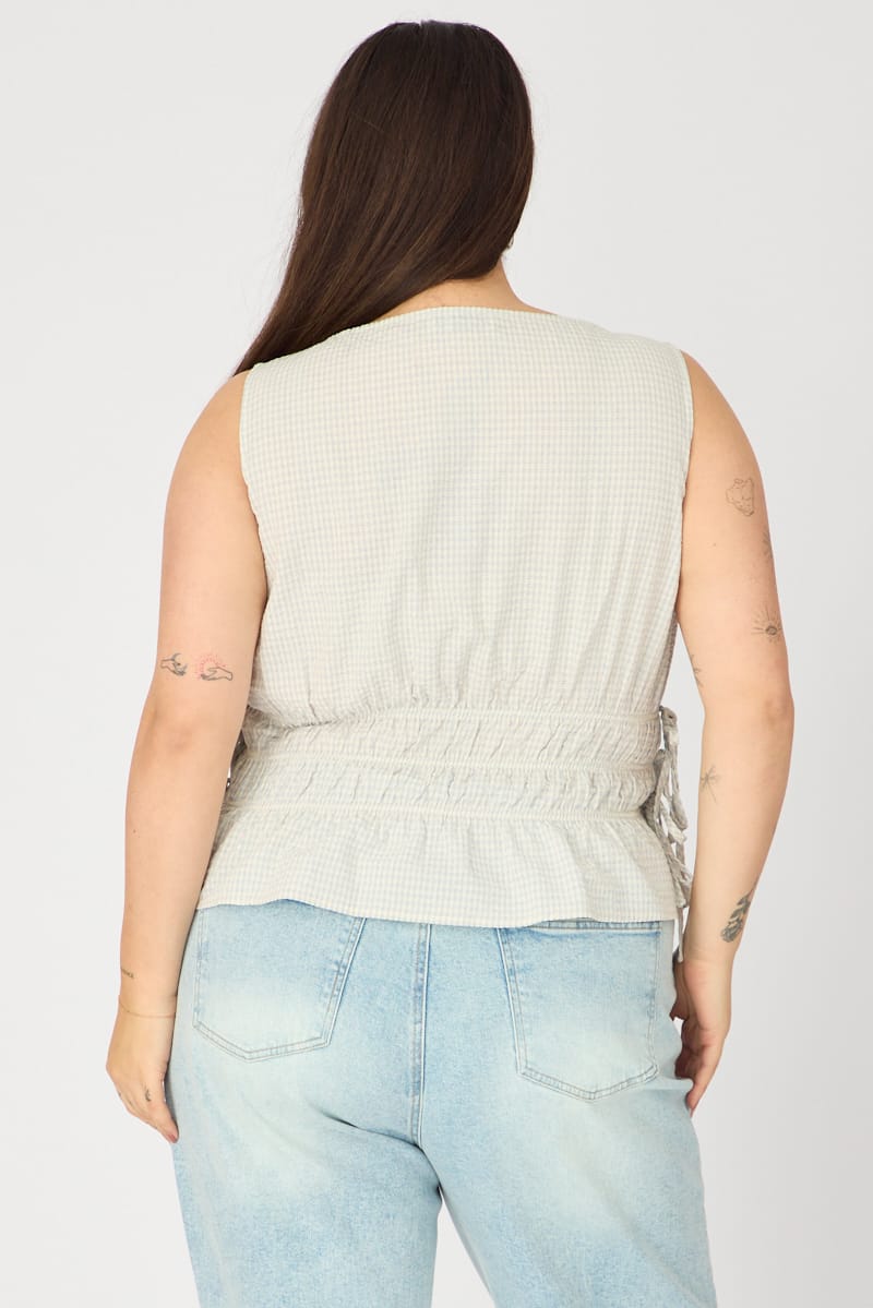 Blue Check Top Sleeveless Shirred Waist Side Tie for YouandAll Fashion