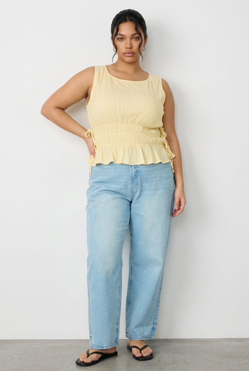 Yellow Top Sleeveless Shirred Waist Side Tie for YouandAll Fashion