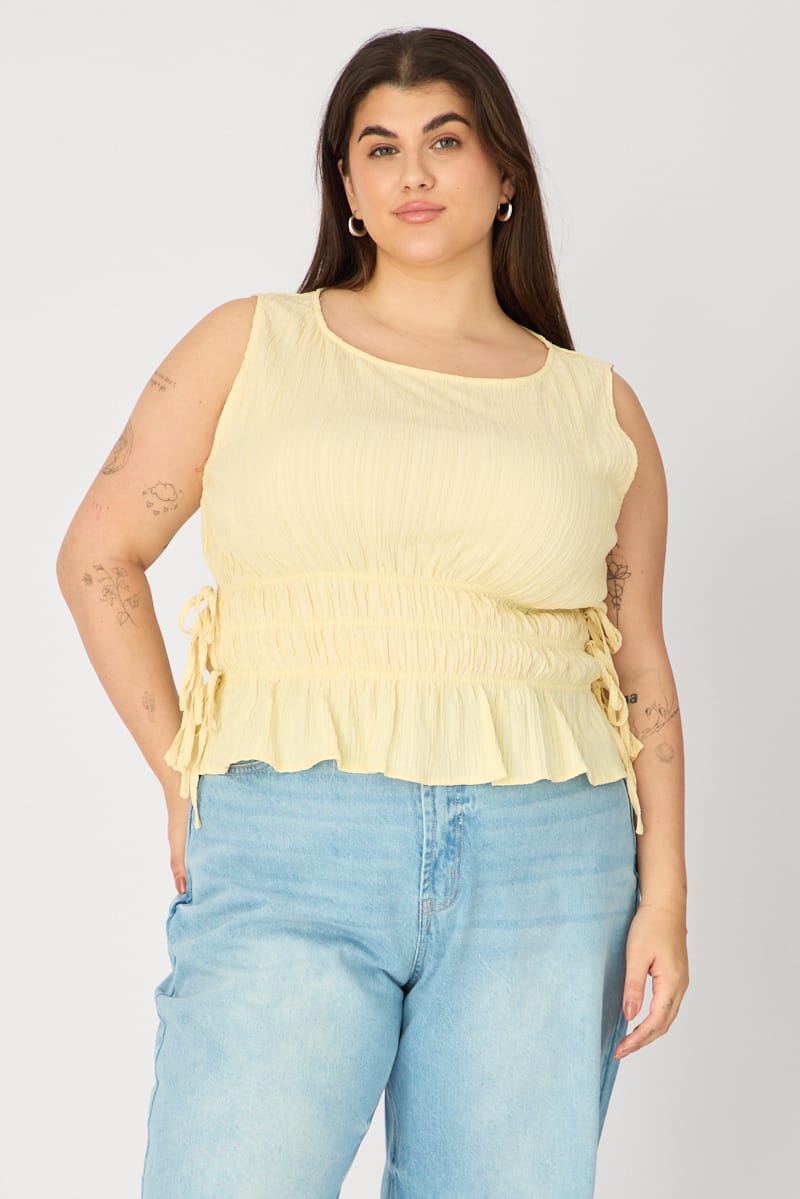 Yellow Top Sleeveless Shirred Waist Side Tie for YouandAll Fashion