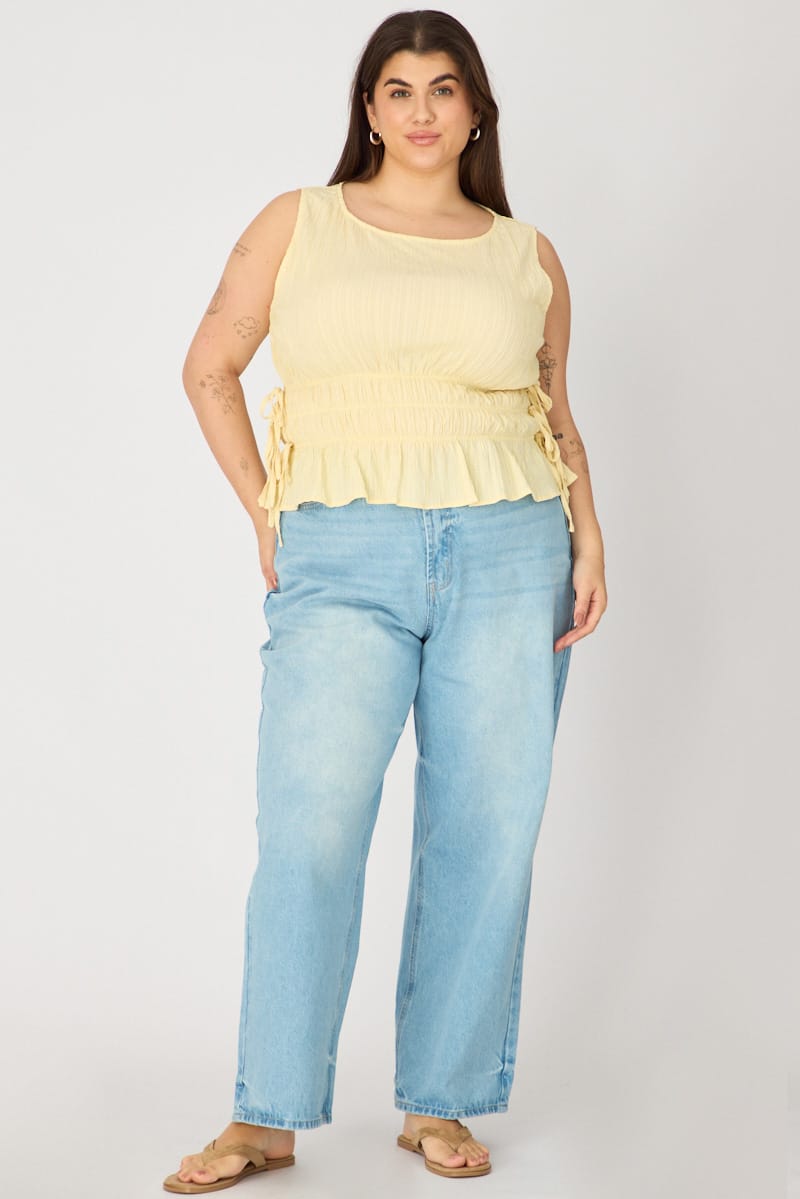 Yellow Top Sleeveless Shirred Waist Side Tie for YouandAll Fashion
