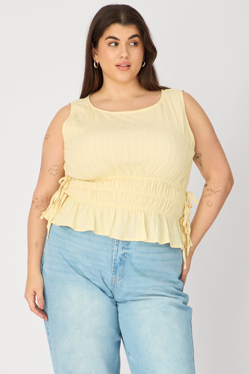 Yellow Top Sleeveless Shirred Waist Side Tie for YouandAll Fashion