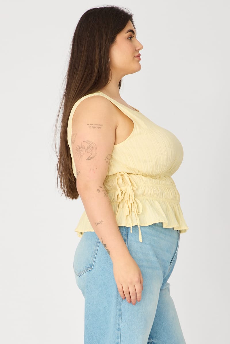 Yellow Top Sleeveless Shirred Waist Side Tie for YouandAll Fashion