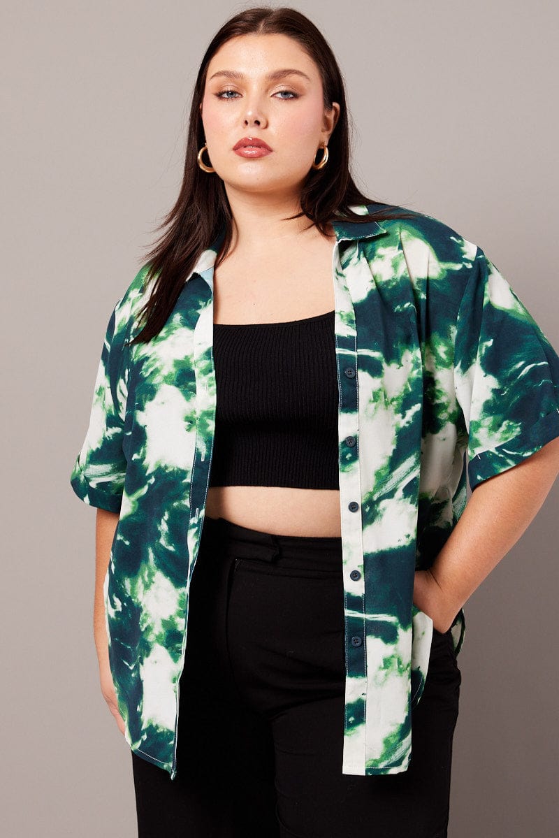 Green Abstract Relaxed Shirt Short Sleeve for YouandAll Fashion