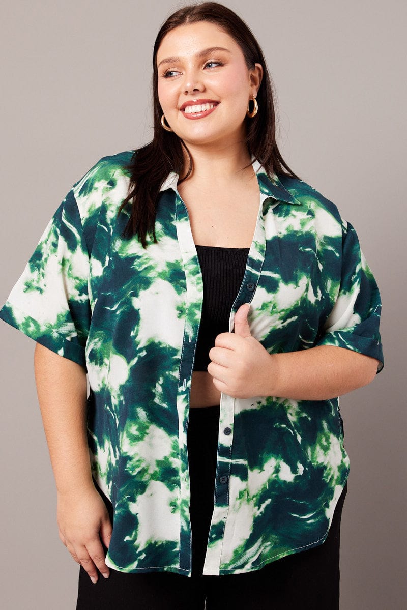 Green Abstract Relaxed Shirt Short Sleeve for YouandAll Fashion