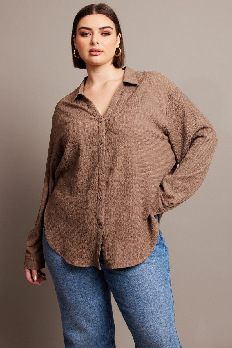 Brown Relaxed Shirt Long Sleeve Textured for YouandAll Fashion