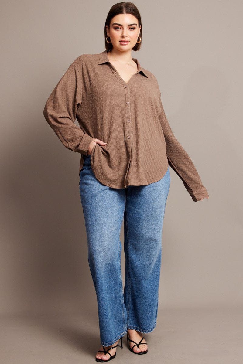 Brown Relaxed Shirt Long Sleeve Textured for YouandAll Fashion