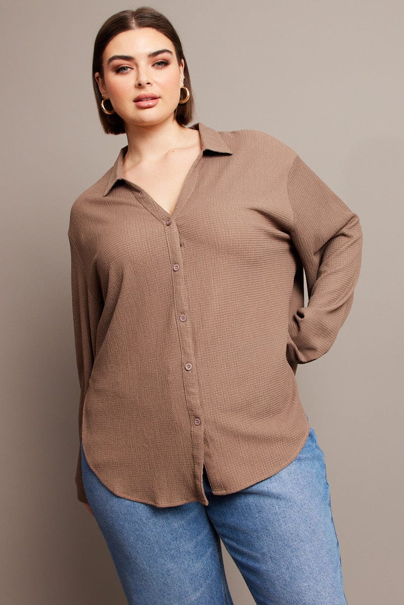 Brown Relaxed Shirt Long Sleeve Textured for YouandAll Fashion