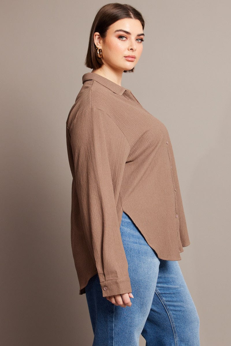 Brown Relaxed Shirt Long Sleeve Textured for YouandAll Fashion