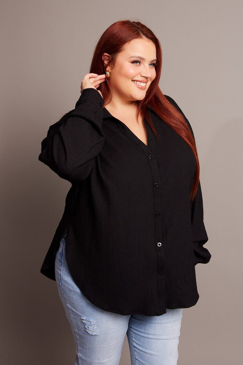 Black Textured Shirt Long Sleeve V-Neck for YouandAll Fashion