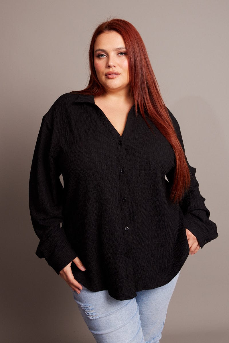 Black Textured Shirt Long Sleeve V-Neck for YouandAll Fashion