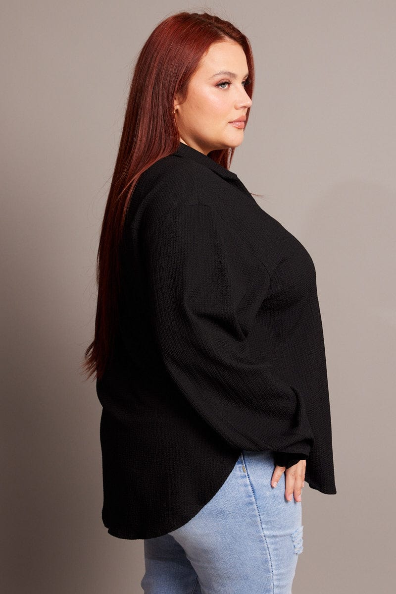 Black Textured Shirt Long Sleeve V-Neck for YouandAll Fashion