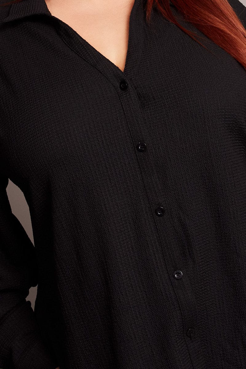 Black Textured Shirt Long Sleeve V-Neck for YouandAll Fashion