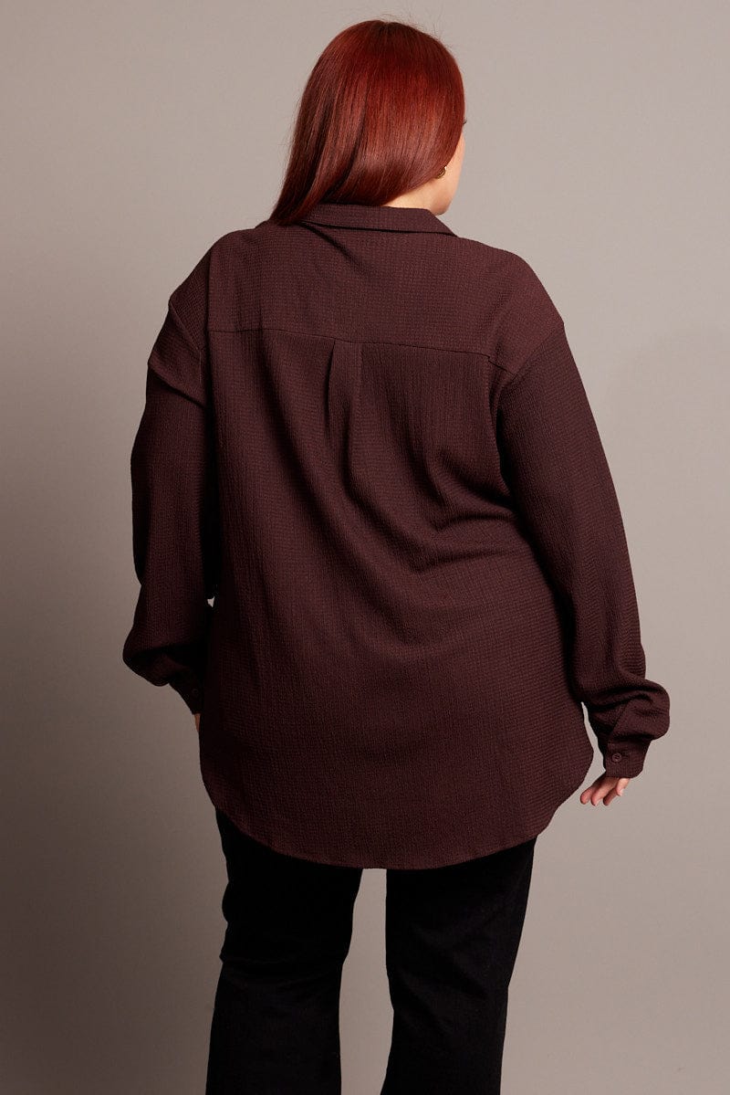 Brown Textured Shirt Long Sleeve V-Neck for YouandAll Fashion