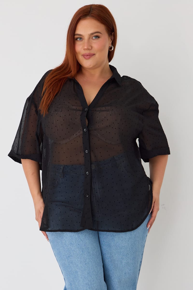 Black Relaxed Shirt Long Sleeve Dot for YouandAll Fashion