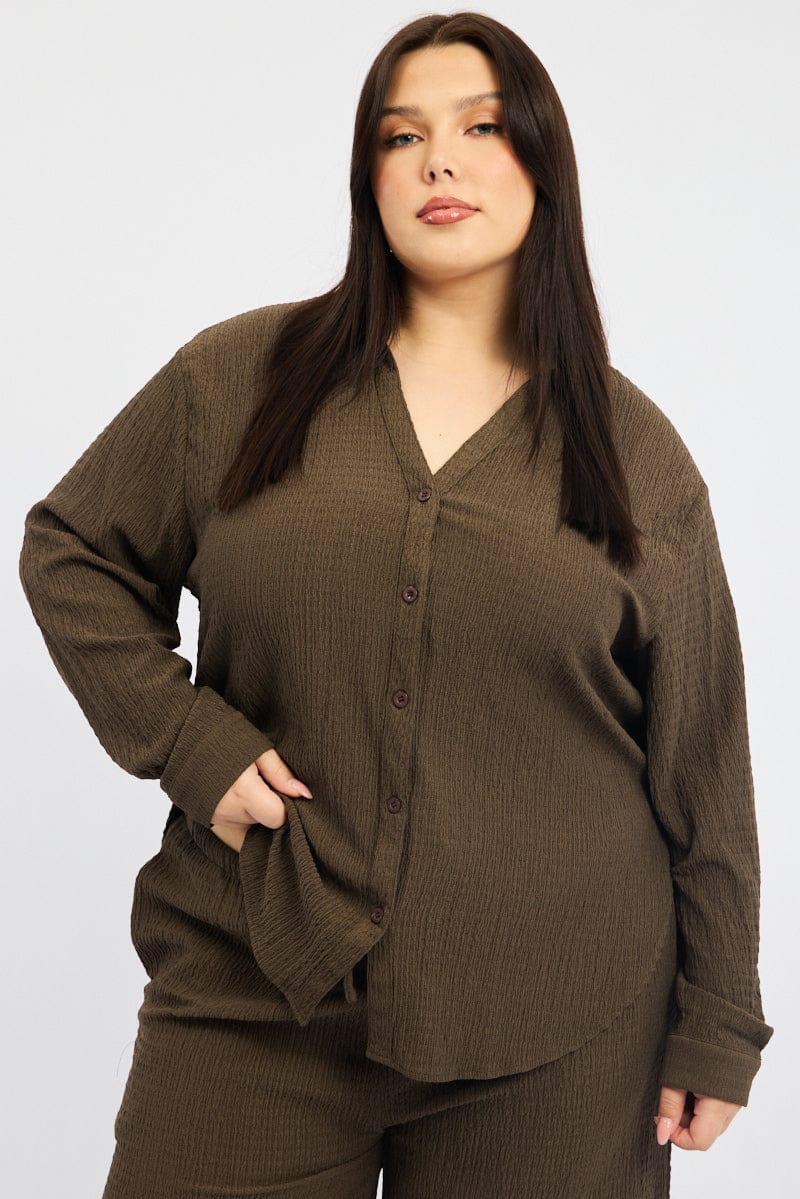 Brown Relaxed Shirt Long Sleeve Textured for YouandAll Fashion