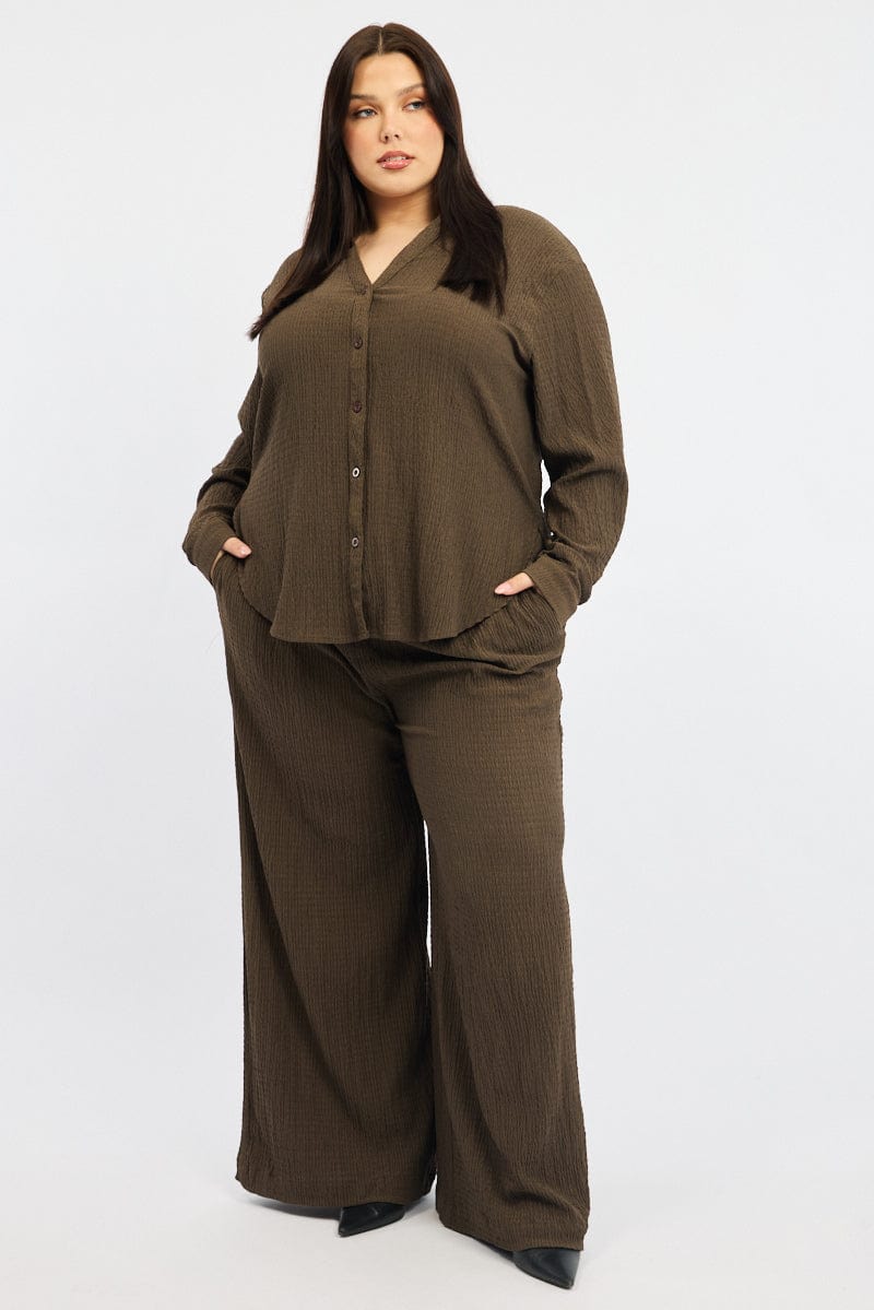 Brown Relaxed Shirt Long Sleeve Textured for YouandAll Fashion