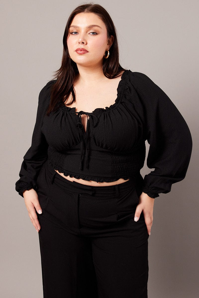 Black Ruched Crop Top Long Sleeve for YouandAll Fashion