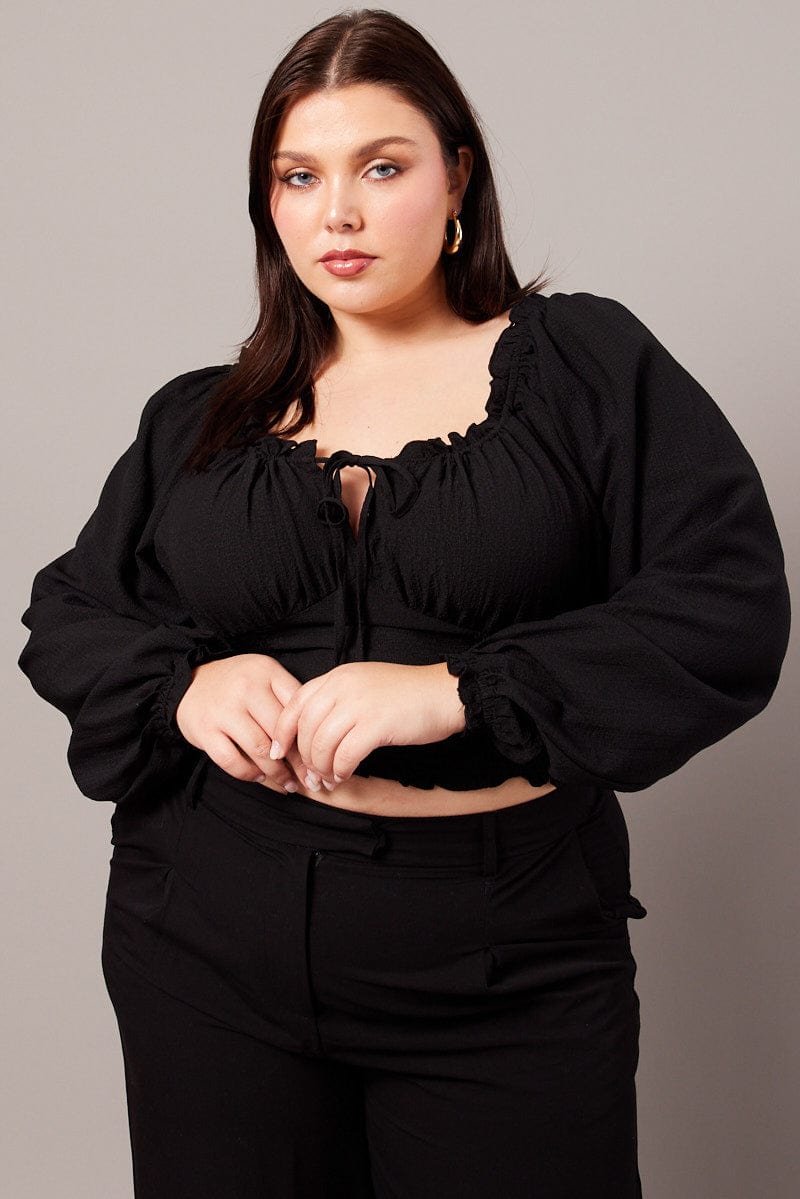 Black Ruched Crop Top Long Sleeve for YouandAll Fashion