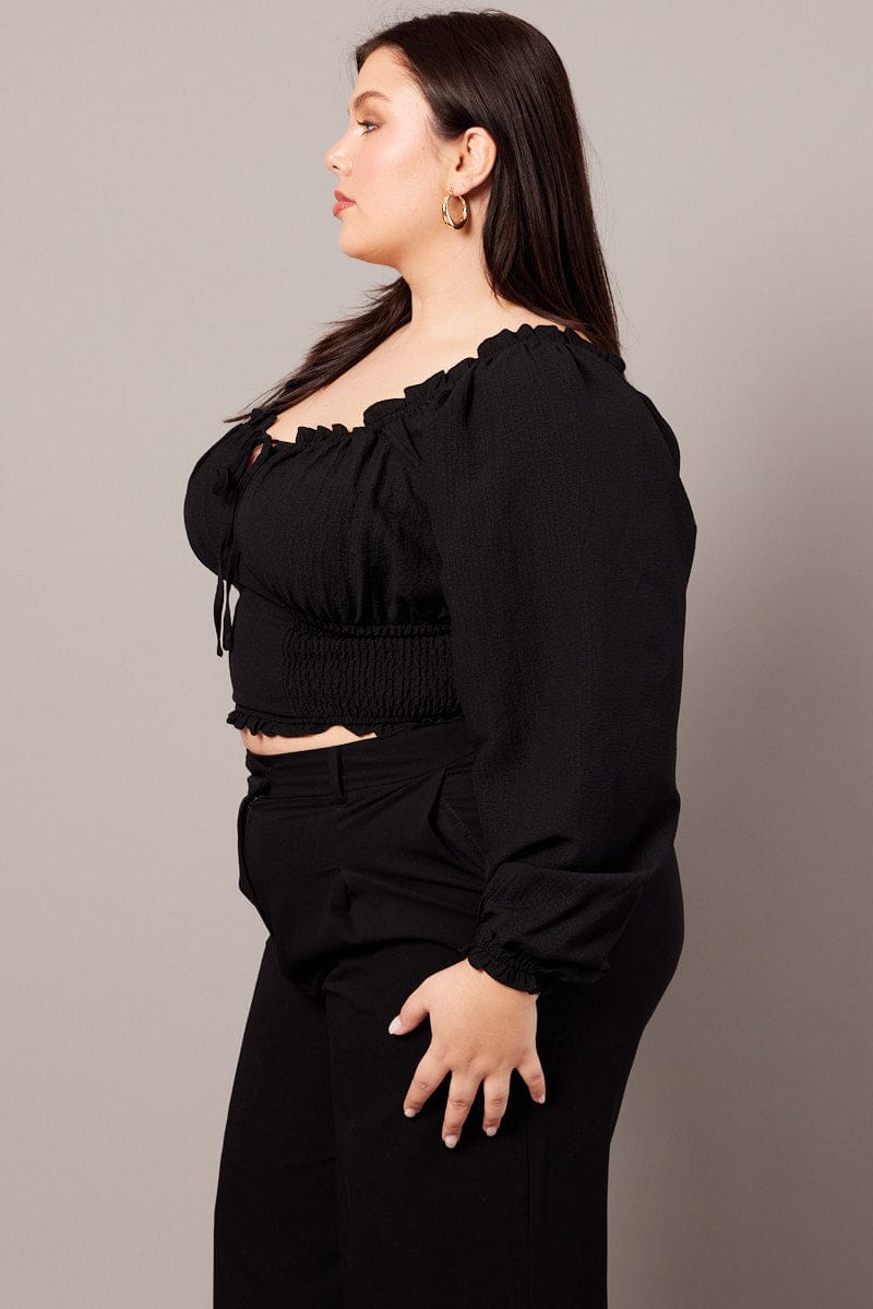 Black Ruched Crop Top Long Sleeve for YouandAll Fashion