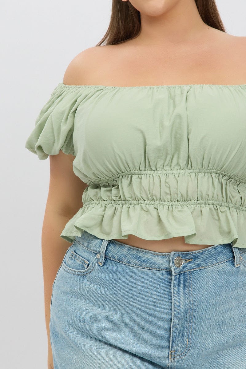 Green Ruffle Crop Top Puff Sleeve | You & All