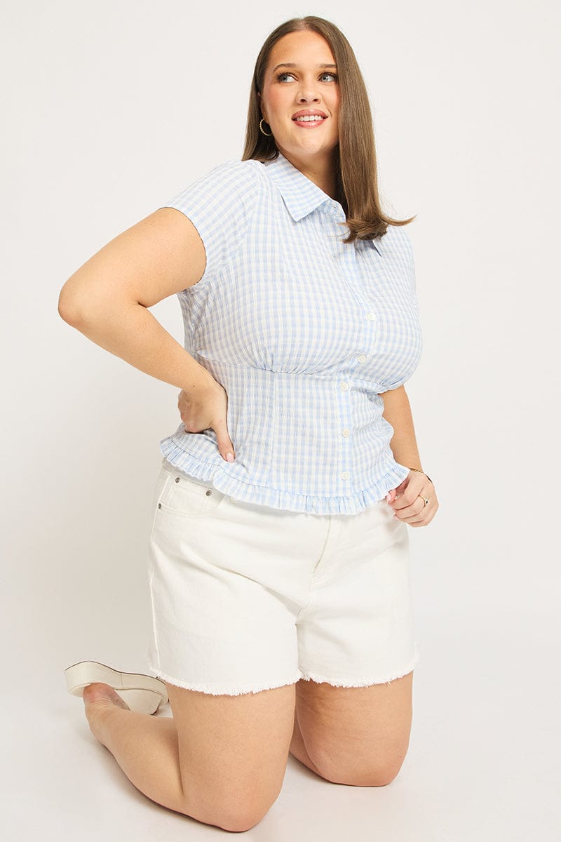 Check Fitted Top Blue Check Fitted Shirt Short Sleeve Shirred Back | You & All