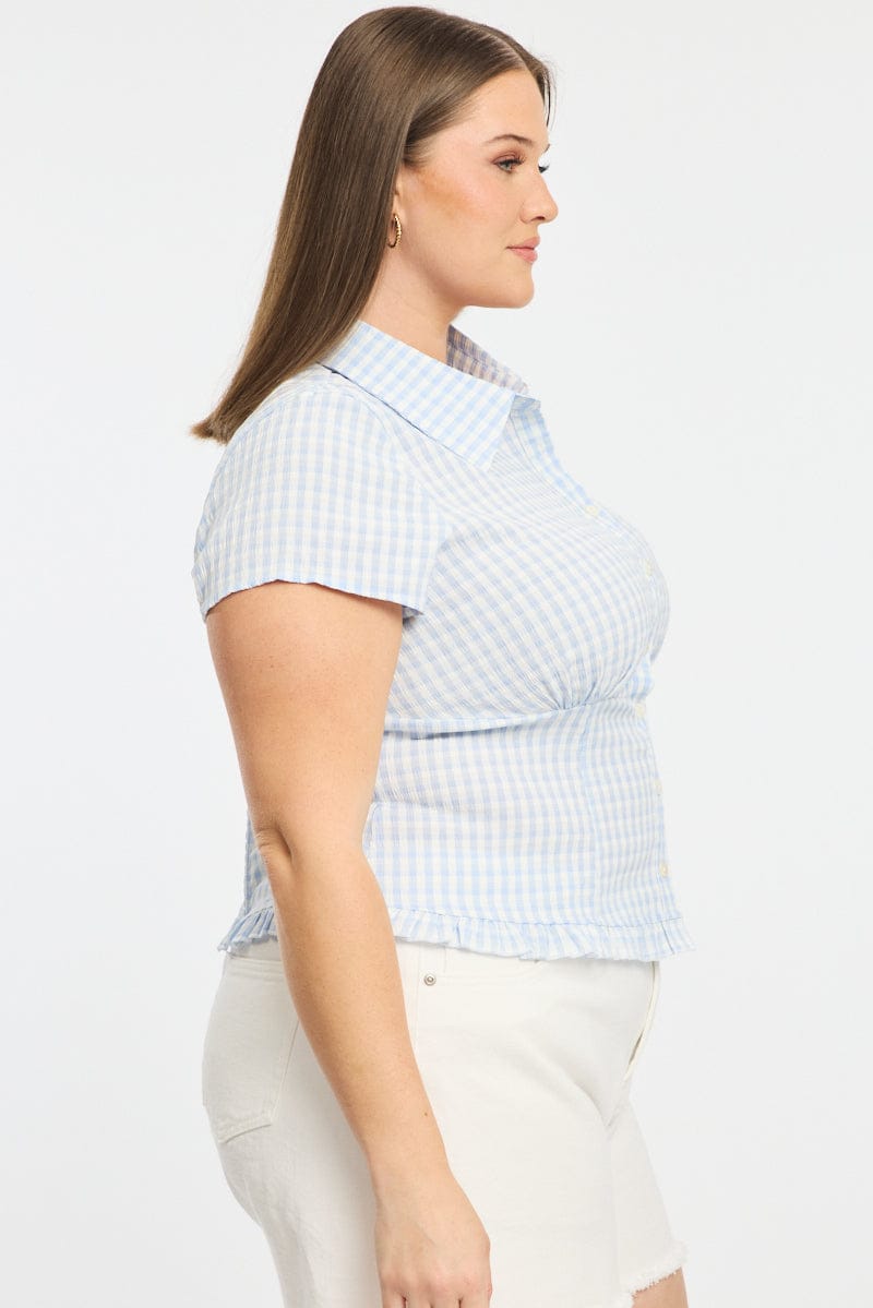 Blue Check Fitted Shirt Short Sleeve Shirred Back for YouandAll Fashion