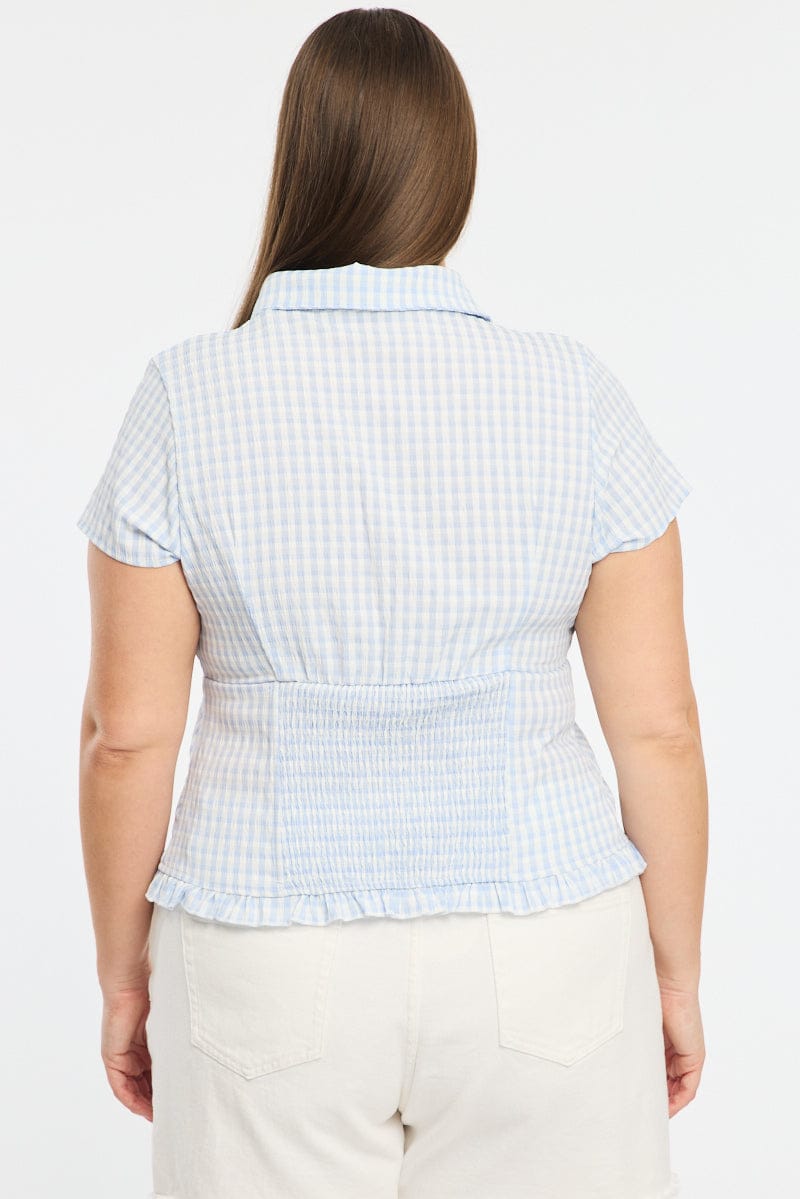 Check Fitted Top Blue Check Fitted Shirt Short Sleeve Shirred Back | You & All