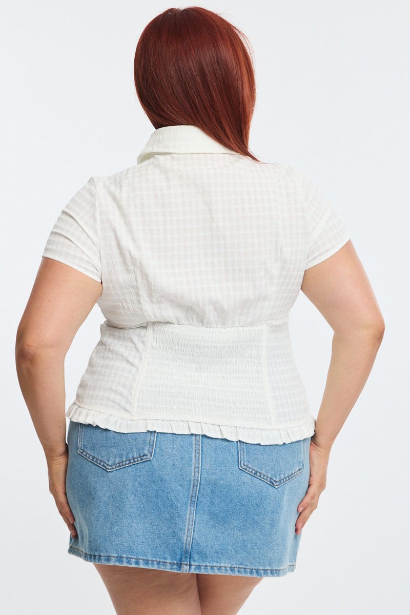 White Fitted Shirt Short Sleeve Shirred Back for YouandAll Fashion