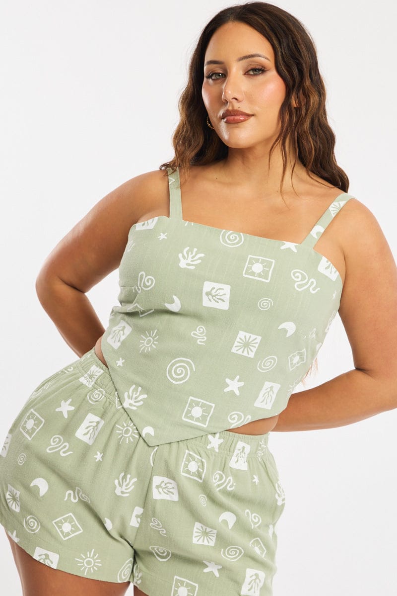 Green Abstract Scarf Top Sleeveless Linen Blend for YouandAll Fashion